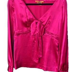 Tory Burch hot pink long sleeve V neck silky blouse with bow and side zi…